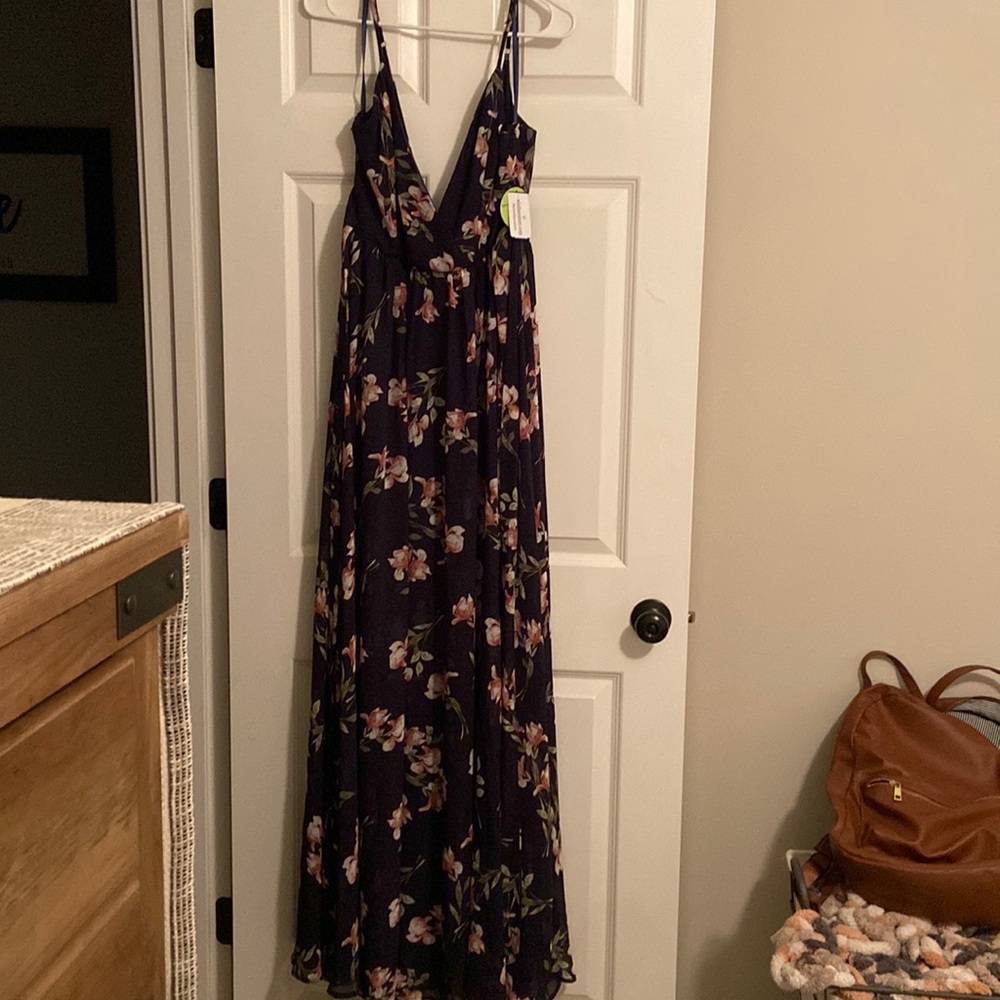 Navy blue floral maxi dress.